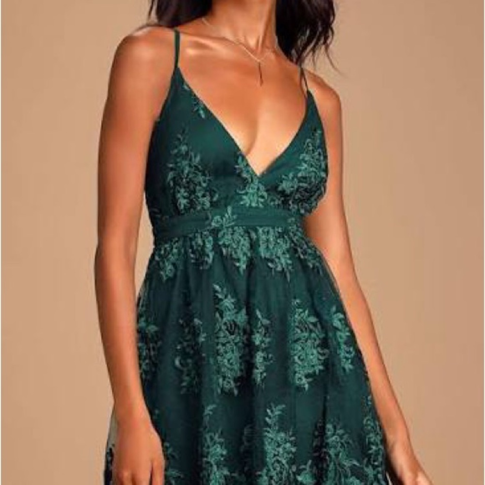 Lulus Green Lace Spaghetti Strap Holiday Dress